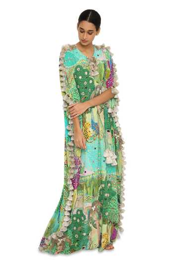 Buy_Payal Singhal_Green Crepe Animal Round Print Kaftan _Online_at_Aza_Fashions
