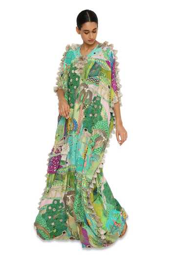 Shop_Payal Singhal_Green Crepe Animal Round Print Kaftan _Online_at_Aza_Fashions