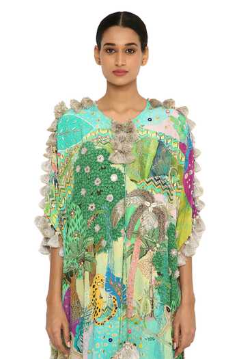 Payal Singhal_Green Crepe Animal Round Print Kaftan _at_Aza_Fashions