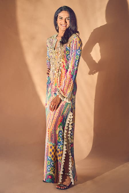 Shop Payal Singhal Multi Color Crepe Printed African Pattern Notched Kaftan at Aza Fashions Shop_Payal Singhal_Multi Color Crepe Printed African Pattern Notched Kaftan _at_Aza_Fashions