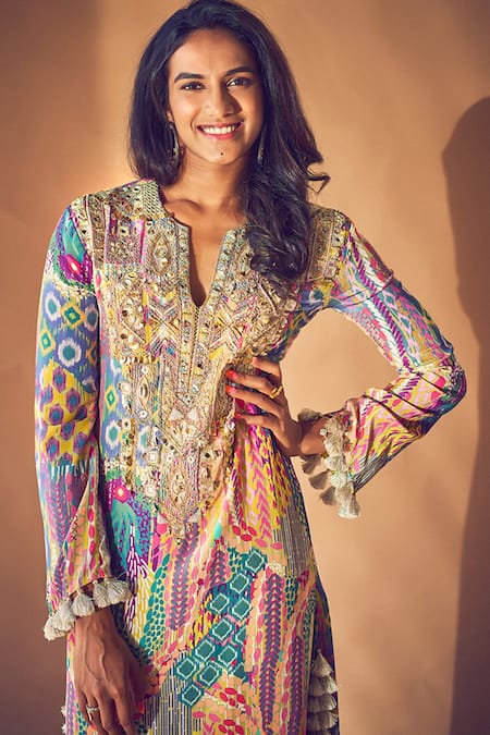 Buy Payal Singhal Multi Color Crepe Printed African Pattern Notched Kaftan Online at Aza Fashions Buy_Payal Singhal_Multi Color Crepe Printed African Pattern Notched Kaftan _Online_at_Aza_Fashions