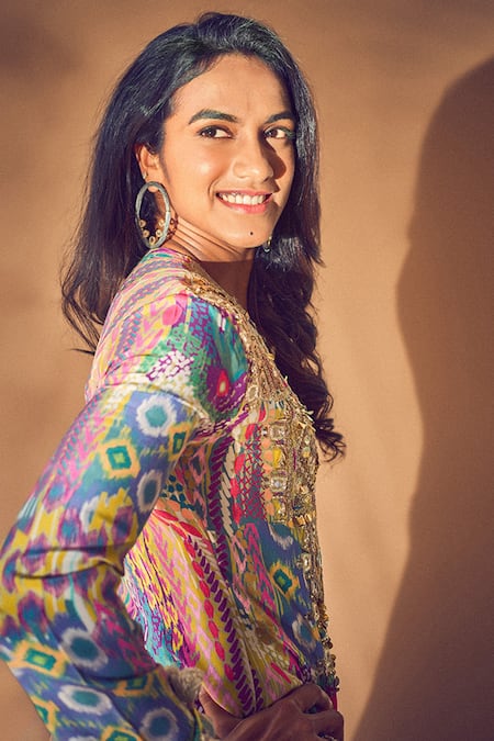 Shop Payal Singhal Multi Color Crepe Printed African Pattern Notched Kaftan Online at Aza Fashions Shop_Payal Singhal_Multi Color Crepe Printed African Pattern Notched Kaftan _Online_at_Aza_Fashions