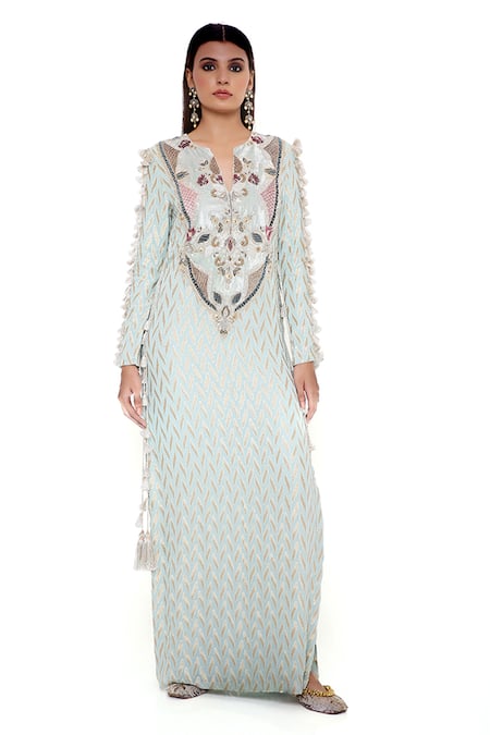 Buy_Payal Singhal_Blue Organza, Banarasi, Georgette Ikkat Notched Miraya Woven Kaftan _Online_at_Aza_Fashions