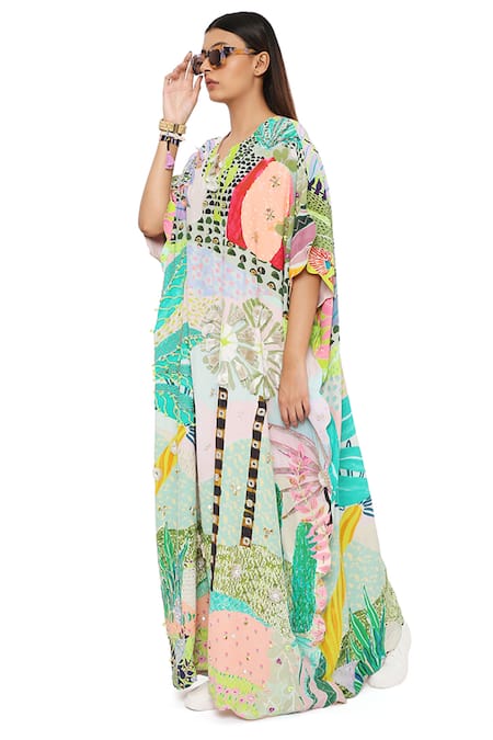 Payal Singhal Green Crepe Tropical Round Frida Print Kaftan at Aza Fashions Payal Singhal_Green Crepe Tropical Round Frida Print Kaftan _at_Aza_Fashions