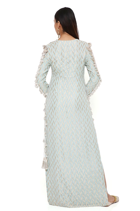 Buy_Payal Singhal_Blue Organza, Banarasi, Georgette Ikkat Notched Miraya Woven Kaftan 