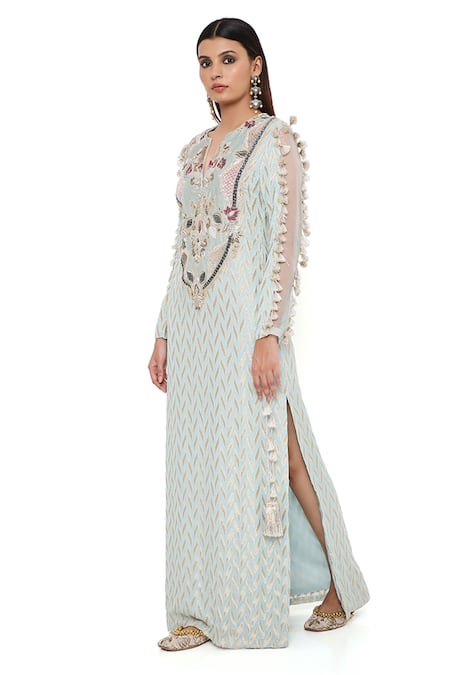 Shop_Payal Singhal_Blue Organza, Banarasi, Georgette Ikkat Notched Miraya Woven Kaftan 