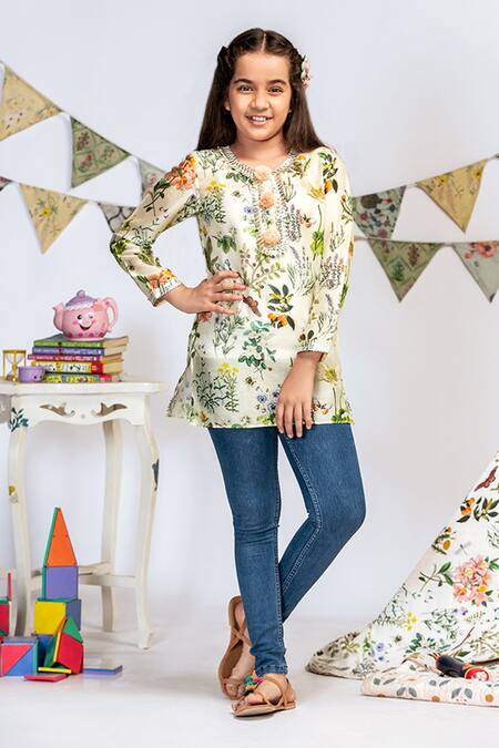 PS Kids By Payal Singhal_White Silk Embroidery Floral Print Tunic_Online_at_Aza_Fashions