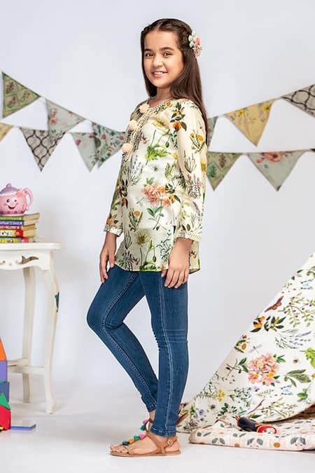 Buy_PS Kids By Payal Singhal_White Silk Embroidery Floral Print Tunic_Online_at_Aza_Fashions