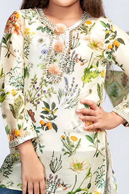 Shop_PS Kids By Payal Singhal_White Silk Embroidery Floral Print Tunic_Online_at_Aza_Fashions