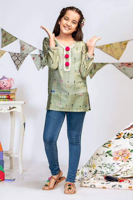 PS Kids By Payal Singhal_Green Silk, Muslin Pom-poms, Gota Patti Floral Print Tunic _Online_at_Aza_Fashions