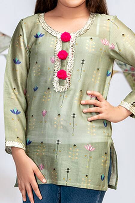 Buy_PS Kids By Payal Singhal_Green Silk, Muslin Pom-poms, Gota Patti Floral Print Tunic _Online_at_Aza_Fashions