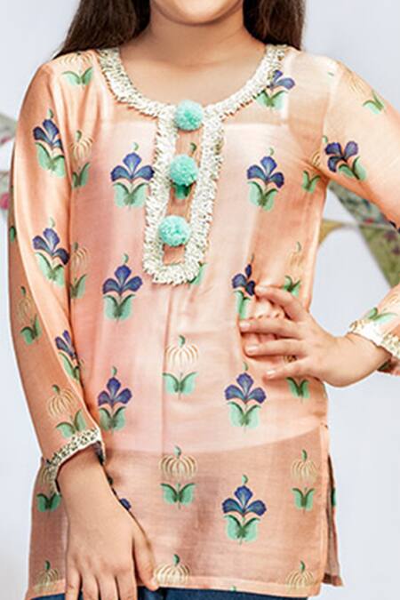 Buy_PS Kids By Payal Singhal_Pink Silk Gota Patti, Pom-poms Floral Print Tunic _Online_at_Aza_Fashions