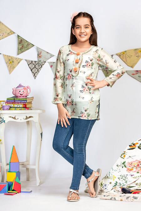 PS Kids By Payal Singhal_Blue Silk Pom-poms Floral Print Tunic_Online_at_Aza_Fashions