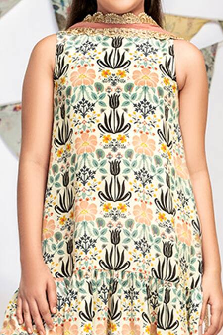 PS Kids By Payal Singhal_Cream Crepe, Net Pom-poms Floral Print Kurta And Churidar Set_at_Aza_Fashions