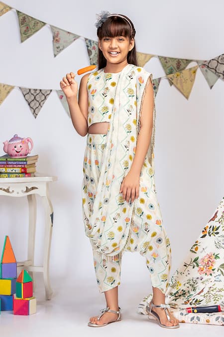 PS Kids by Payal Singhal Cream Crepe And Georgette Floral Dhoti Saree With Blouse 