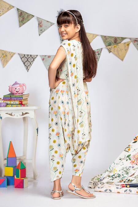 Shop_PS Kids By Payal Singhal_Cream Crepe, Georgette Printed Dhoti Saree With Blouse _at_Aza_Fashions