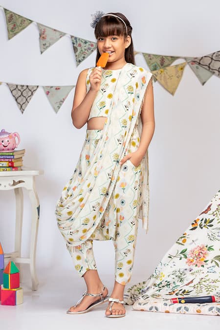 PS Kids By Payal Singhal_Cream Crepe, Georgette Printed Dhoti Saree With Blouse _Online_at_Aza_Fashions