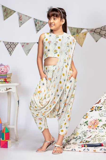 Buy_PS Kids By Payal Singhal_Cream Crepe, Georgette Printed Dhoti Saree With Blouse _Online_at_Aza_Fashions