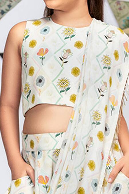 Shop_PS Kids By Payal Singhal_Cream Crepe, Georgette Printed Dhoti Saree With Blouse _Online_at_Aza_Fashions