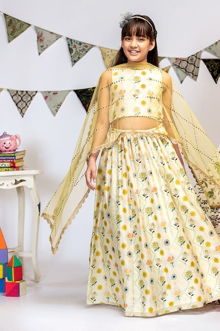 PS Kids By Payal Singhal_Cream Silk, Net Embroidery, Sequins Printed Lehenga Set _Online_at_Aza_Fashions