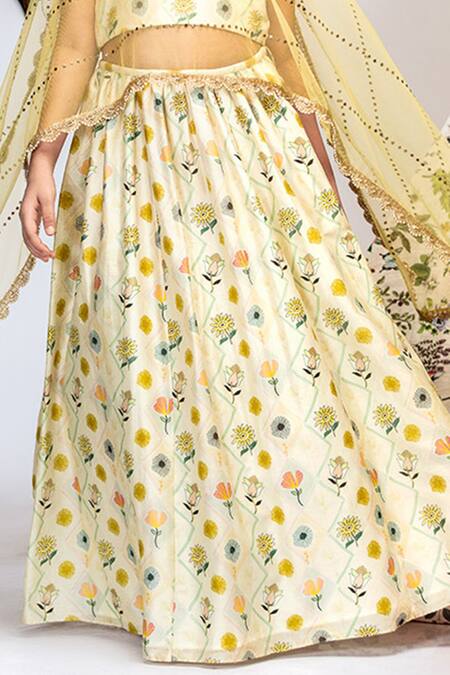 PS Kids By Payal Singhal_Cream Silk, Net Embroidery, Sequins Printed Lehenga Set _at_Aza_Fashions