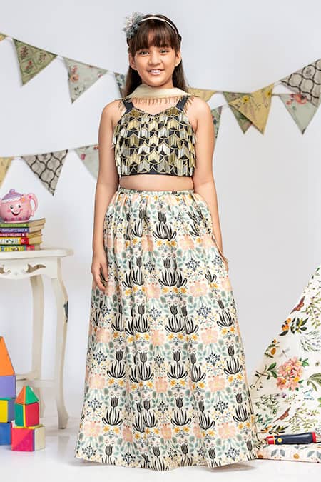 PS Kids By Payal Singhal_Black Silk And Net & Embroidery Floral & Salli Tassels Lehenga Set_Online_at_Aza_Fashions