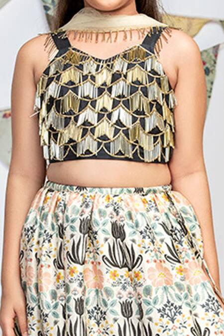 Shop_PS Kids By Payal Singhal_Black Silk And Net & Embroidery Floral & Salli Tassels Lehenga Set_Online_at_Aza_Fashions