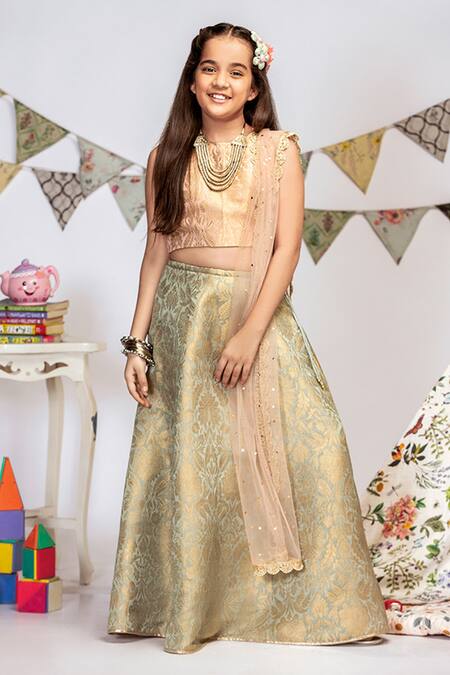 PS Kids By Payal Singhal_Pink Brocade, Net Mirrors Lehenga Set_Online_at_Aza_Fashions