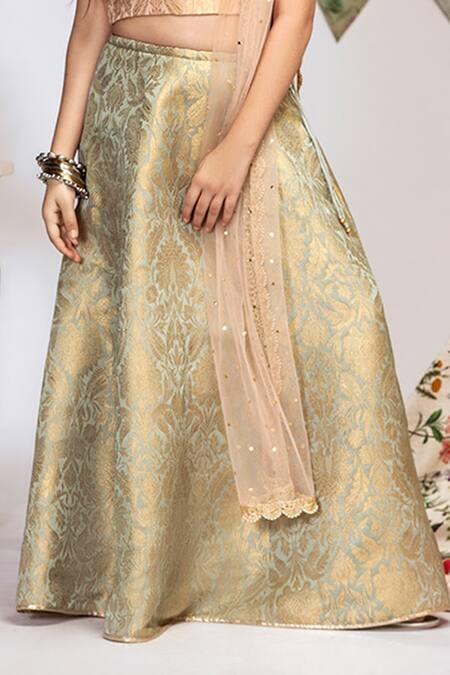Shop_PS Kids By Payal Singhal_Pink Brocade, Net Mirrors Lehenga Set_Online_at_Aza_Fashions