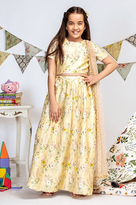 PS Kids By Payal Singhal_Yellow Silk, Net Mirrors, Embroidery Floral Print Lehenga Set_Online_at_Aza_Fashions