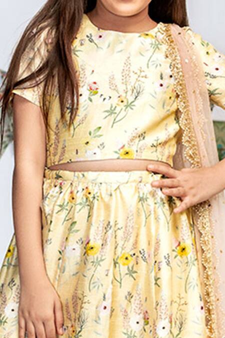 Buy_PS Kids By Payal Singhal_Yellow Silk, Net Mirrors, Embroidery Floral Print Lehenga Set_Online_at_Aza_Fashions