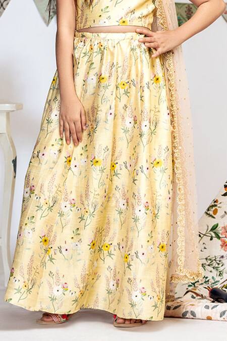 Shop_PS Kids By Payal Singhal_Yellow Silk, Net Mirrors, Embroidery Floral Print Lehenga Set_Online_at_Aza_Fashions
