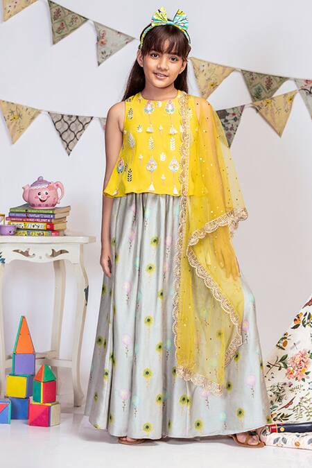 PS Kids By Payal Singhal_Yellow Crepe, Net Tassels, Embroidery, Mirrors Printed Lehenga Set _Online_at_Aza_Fashions