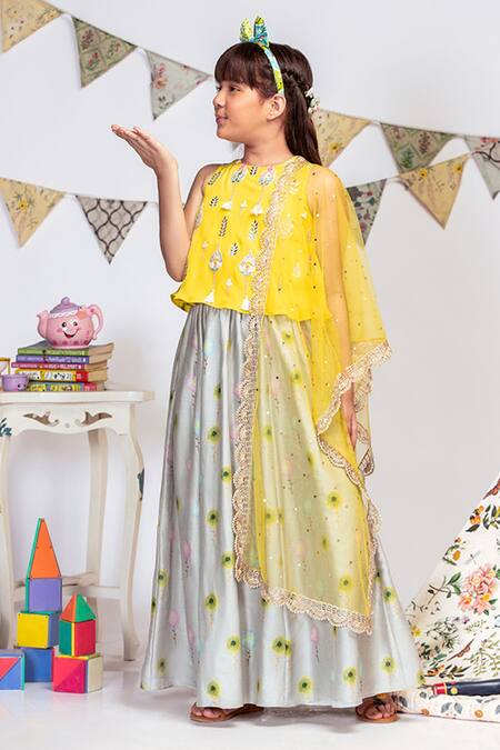 Buy_PS Kids By Payal Singhal_Yellow Crepe, Net Tassels, Embroidery, Mirrors Printed Lehenga Set _Online_at_Aza_Fashions
