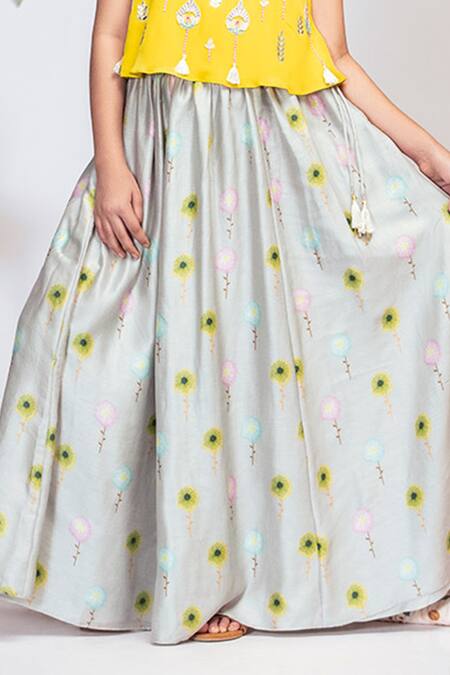 PS Kids By Payal Singhal_Yellow Crepe, Net Tassels, Embroidery, Mirrors Printed Lehenga Set _at_Aza_Fashions