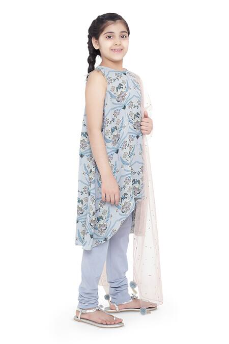 PS Kids By Payal Singhal_Blue Georgette, Net Embroidery, Pom-poms Floral Print Kurta And Churidar Set_Online_at_Aza_Fashions