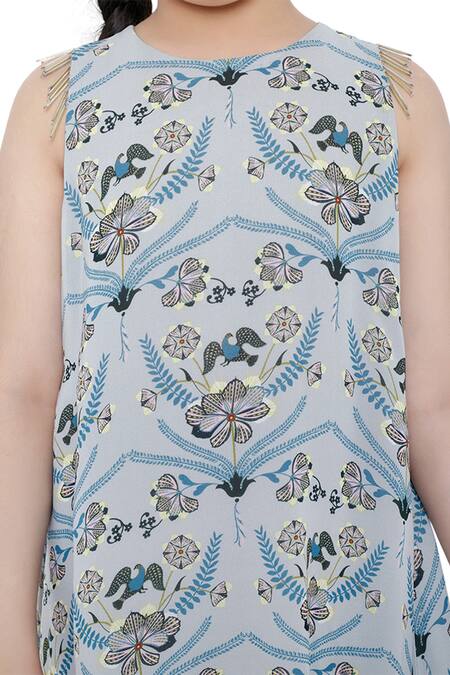 Shop_PS Kids By Payal Singhal_Blue Georgette, Net Embroidery, Pom-poms Floral Print Kurta And Churidar Set_Online_at_Aza_Fashions