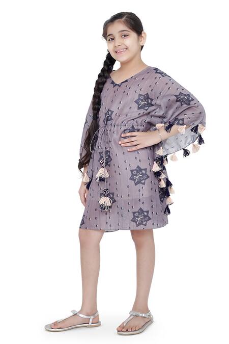 Buy_PS Kids By Payal Singhal_Purple Silk, Muslin Tassels Printed Kaftan Dress_Online_at_Aza_Fashions