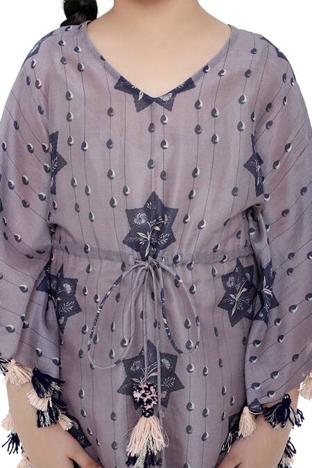 Shop_PS Kids By Payal Singhal_Purple Silk, Muslin Tassels Printed Kaftan Dress_Online_at_Aza_Fashions