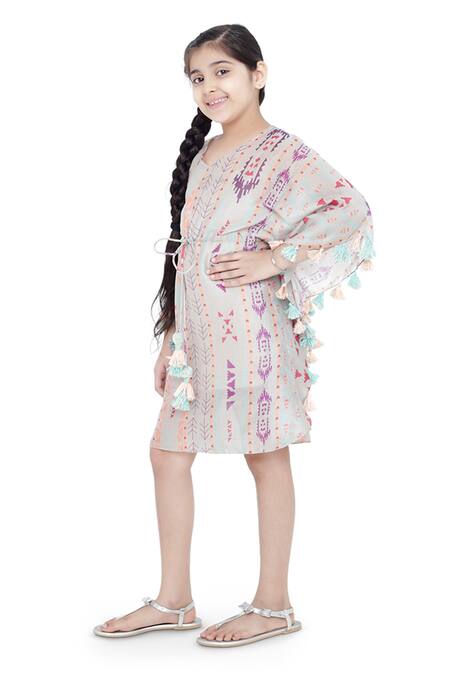 PS Kids By Payal Singhal_Gray Silk, Muslin Tassels Printed Grey Kaftan Dress _Online_at_Aza_Fashions