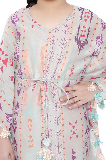 Buy_PS Kids By Payal Singhal_Gray Silk, Muslin Tassels Printed Grey Kaftan Dress _Online_at_Aza_Fashions