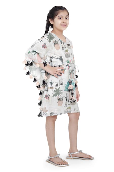 PS Kids By Payal Singhal_White Silk, Modal Tassels Printed Kaftan Dress _Online_at_Aza_Fashions