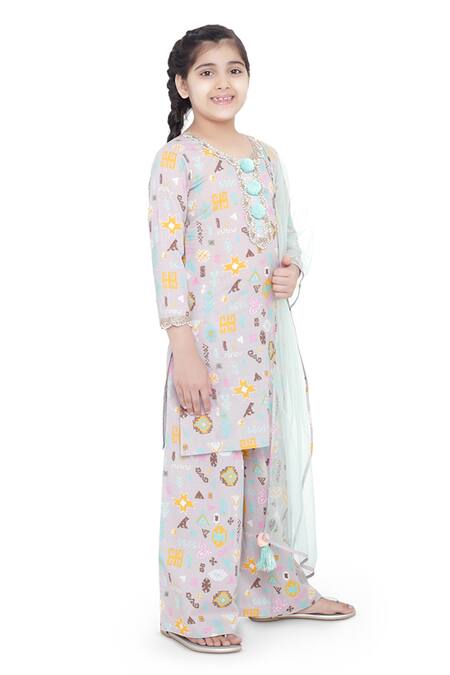 PS Kids By Payal Singhal_Purple Cotton, Net Pom-poms, Lace Printed Kurta Palazzo Set_Online_at_Aza_Fashions