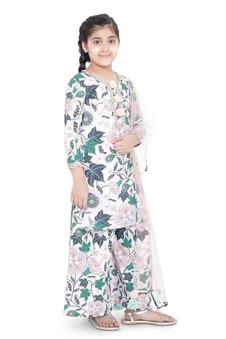 PS Kids By Payal Singhal_White Cotton, Net Pom-poms, Lace Floral Print Kurta Palazzo Set_Online_at_Aza_Fashions