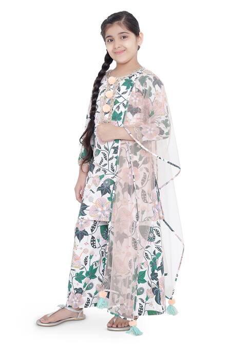 Buy_PS Kids By Payal Singhal_White Cotton, Net Pom-poms, Lace Floral Print Kurta Palazzo Set_Online_at_Aza_Fashions