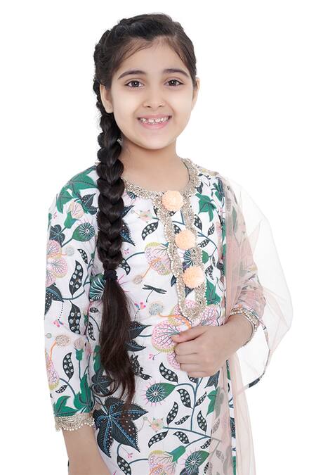 Shop_PS Kids By Payal Singhal_White Cotton, Net Pom-poms, Lace Floral Print Kurta Palazzo Set_Online_at_Aza_Fashions