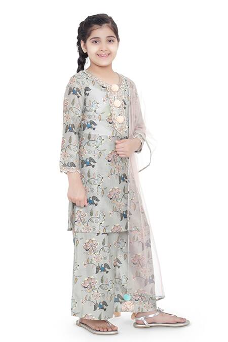 PS Kids By Payal Singhal_Green Cotton, Net Pom-poms, Lace Printed Kurta Palazzo Set_Online_at_Aza_Fashions