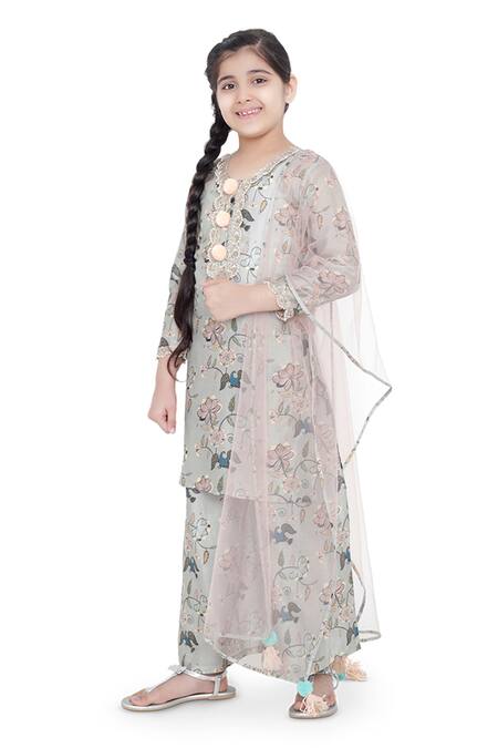 Buy_PS Kids By Payal Singhal_Green Cotton, Net Pom-poms, Lace Printed Kurta Palazzo Set_Online_at_Aza_Fashions