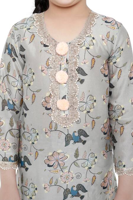 Shop_PS Kids By Payal Singhal_Green Cotton, Net Pom-poms, Lace Printed Kurta Palazzo Set_Online_at_Aza_Fashions