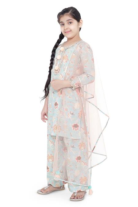 Buy_PS Kids By Payal Singhal_Blue Cotton, Net Pom-poms, Lace Printed Kurta Palazzo Set_Online_at_Aza_Fashions